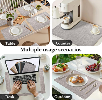 FROMHEART Faux Leather Placemats Set of 4–Waterproof,Heat/Oil Stain-Resistant PU Table Mat–Reversible,Non-Slip,Easy to Clean Place Mats for Kitchen,Dining,Indoor/Outdoor,(Light Grey,11.8" x 17")