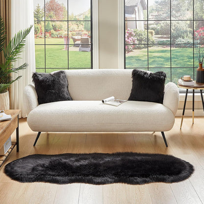 AMTOVO Faux Sheepskin Rug, Black Ultra Soft Fluffy Shag Area Rug, 2 x 6 ft Faux Fur Rug for Bedroom Sofa Throw Cushion Room Decor, Sheepskin