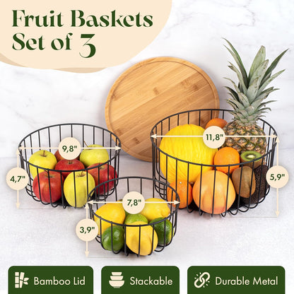 Fruit Basket for Kitchen Counter Set of 3 - Large Stackable Baskets with Bamboo Lid - Perfect Holder For Fruit and Vegetable Storage - Keep Your Countertop Classy, Tidy and Slightly Fruity!