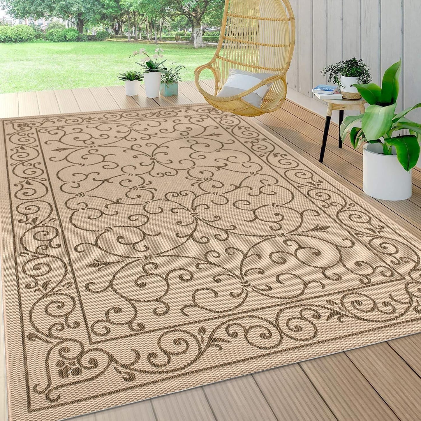 JONATHAN Y Vintage Filigree Indoor Outdoor Area Rug 4X6 Beige/Brown, Charleston Textured Weave for
