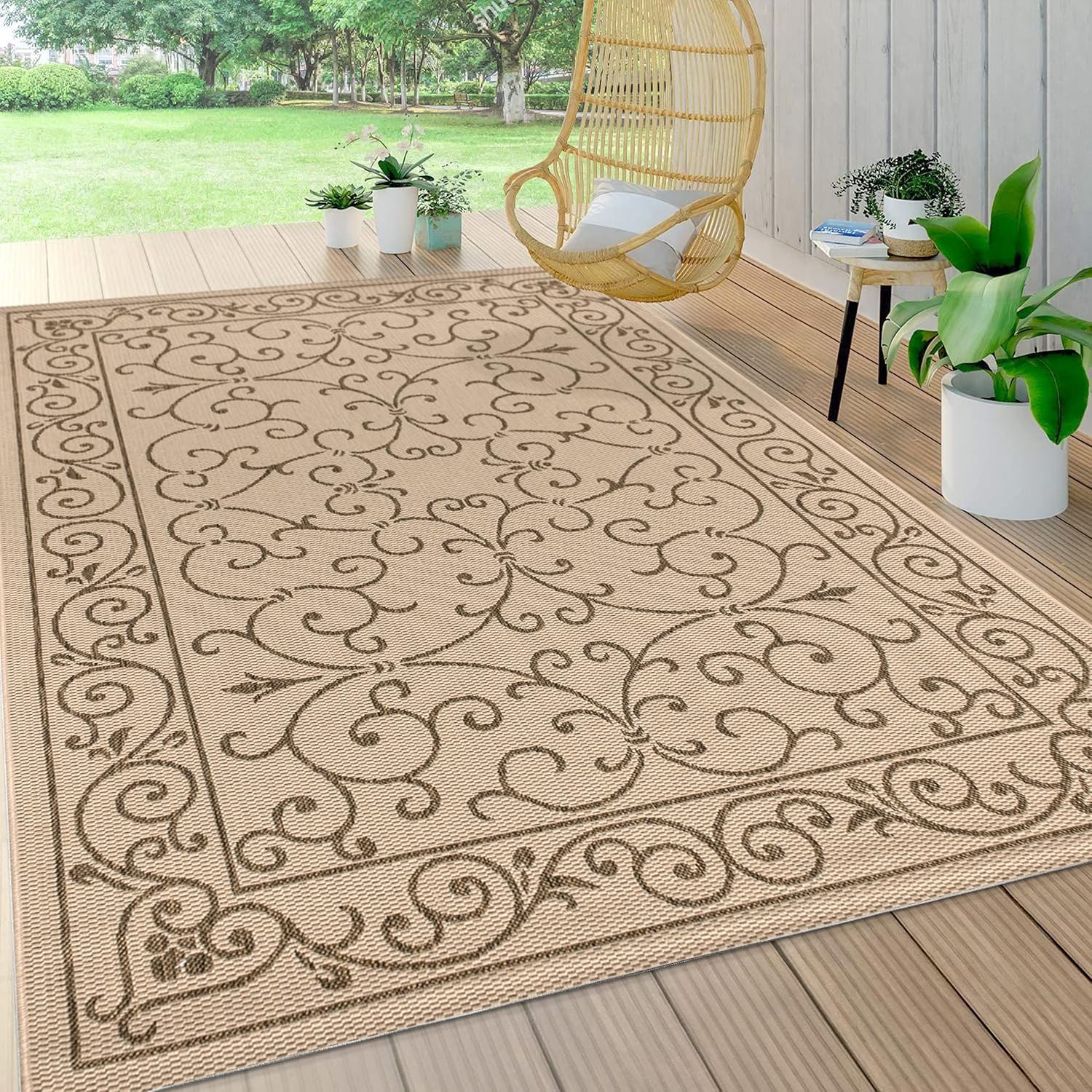 JONATHAN Y Vintage Filigree Indoor Outdoor Area Rug 4X6 Beige/Brown, Charleston Textured Weave for
