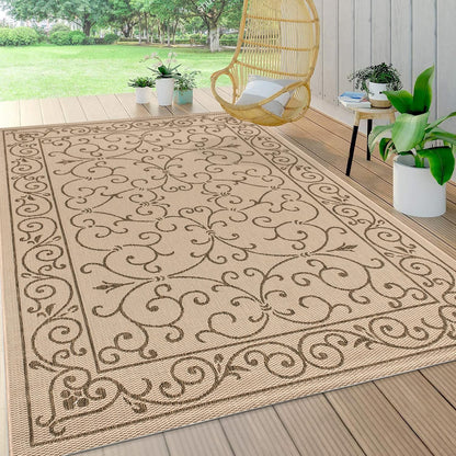 JONATHAN Y Vintage Filigree Indoor Outdoor Area Rug 4X6 Beige/Brown, Charleston Textured Weave for