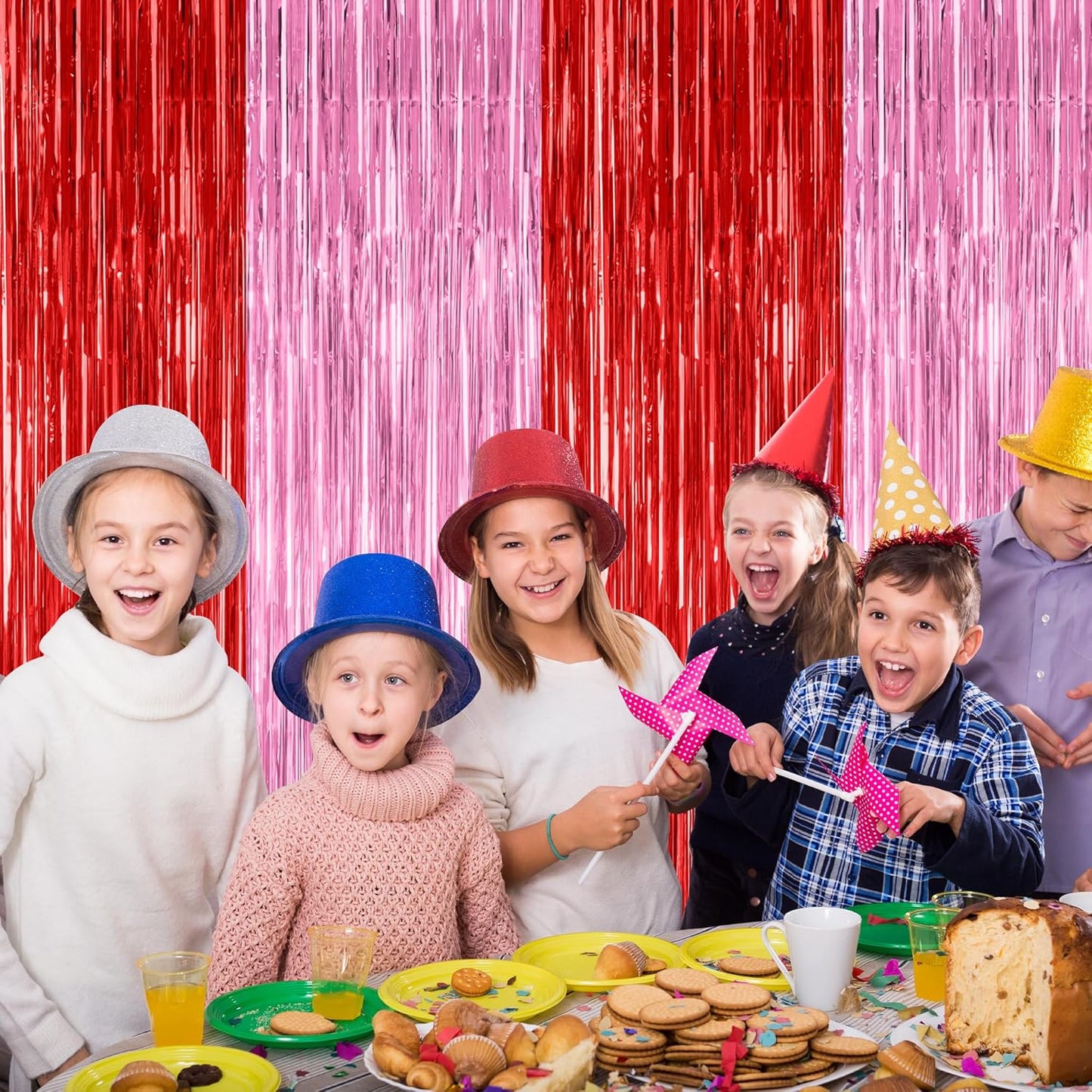 2 Pack Backdrop Curtains, 3.28 Feet x 7.05 Feet Red Pink Backdrop, Metallic Fringe Curtains Tinsel Backdrop Party Streamer, Babie Backdrop Happy Birthday Party Supplies Decorations