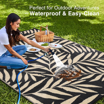 OLANLY Waterproof Outdoor Rug 8x10 ft, Reversible Outdoor Plastic Straw Rug with Leaf Pattern, RV Mat, Indoor Outdoor Carpet for Patio, Camping, Balcony, Deck, Backyard, Black & Beige