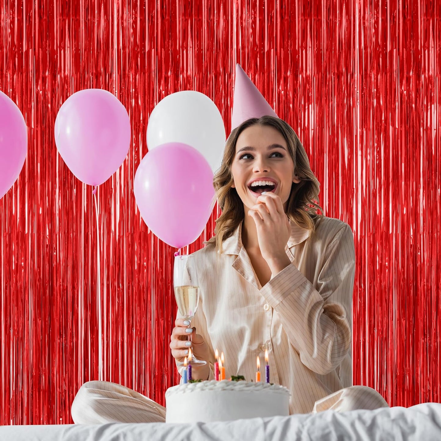 8 Pack Red Backdrop, 3.28 FT x 7.05 FT Streamer Party Decorations, Metallic Foil Fringe Curtains Party Streamer Photo Booth Backdrop, Red Tinsel Canival Theme Party Decor for Engagement Birthday