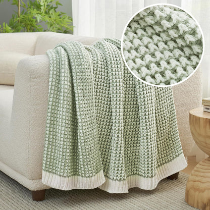 Amélie Home Chenille Waffle Throw Blanket for Couch, Reversible Pineapple Stitch Knit Soft Cozy Knit Blanket Lightweight Warm Decorative Throw for Sofa, Bed, Living Room, 50"x60", Sage Green&Ivory