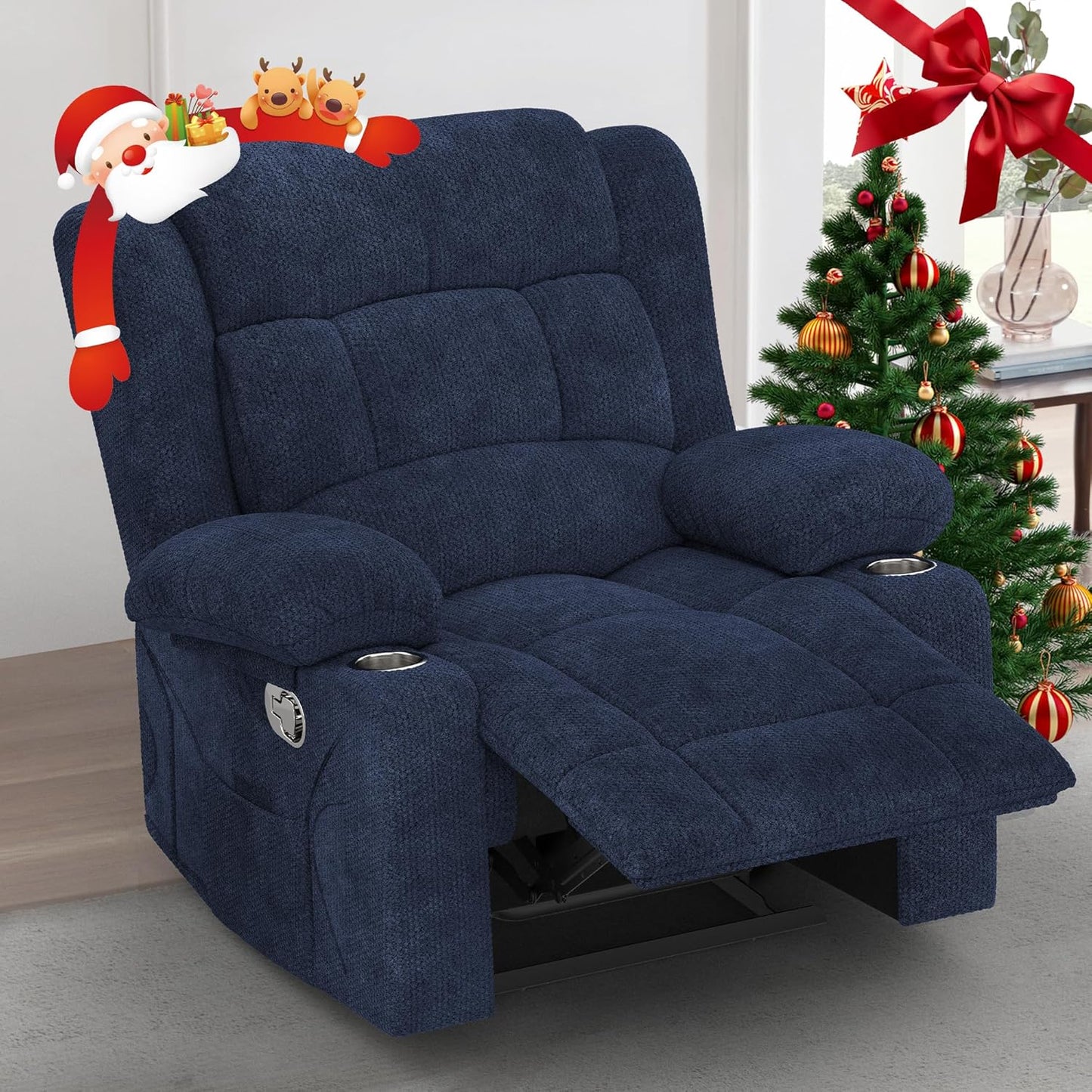 Recliner Chair for Adults, Oversized Fabric Manual Pull Tab Reclining Chair with Cup Holders, Minimalist Style Single Sofa for Living Room, RV (Blue)