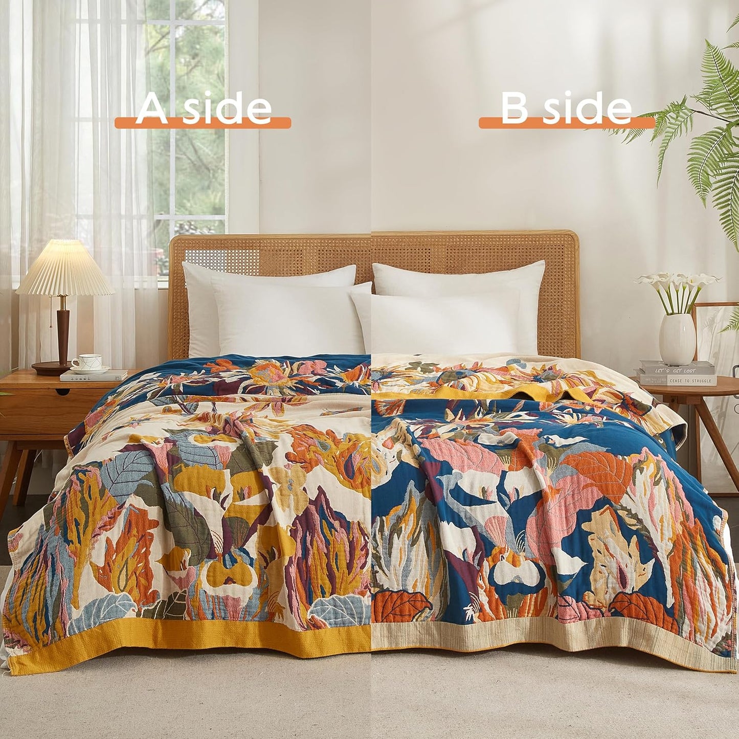 Boho Throw Blanket for Bed 80”x90”, 100% Cotton Woven Blanket for Couch Sofa, Ultra Soft 4-Layer Muslin Quilt with Vintage Floral Printed, Farmhouse Bed Blanket/Cover for Living Room Decor