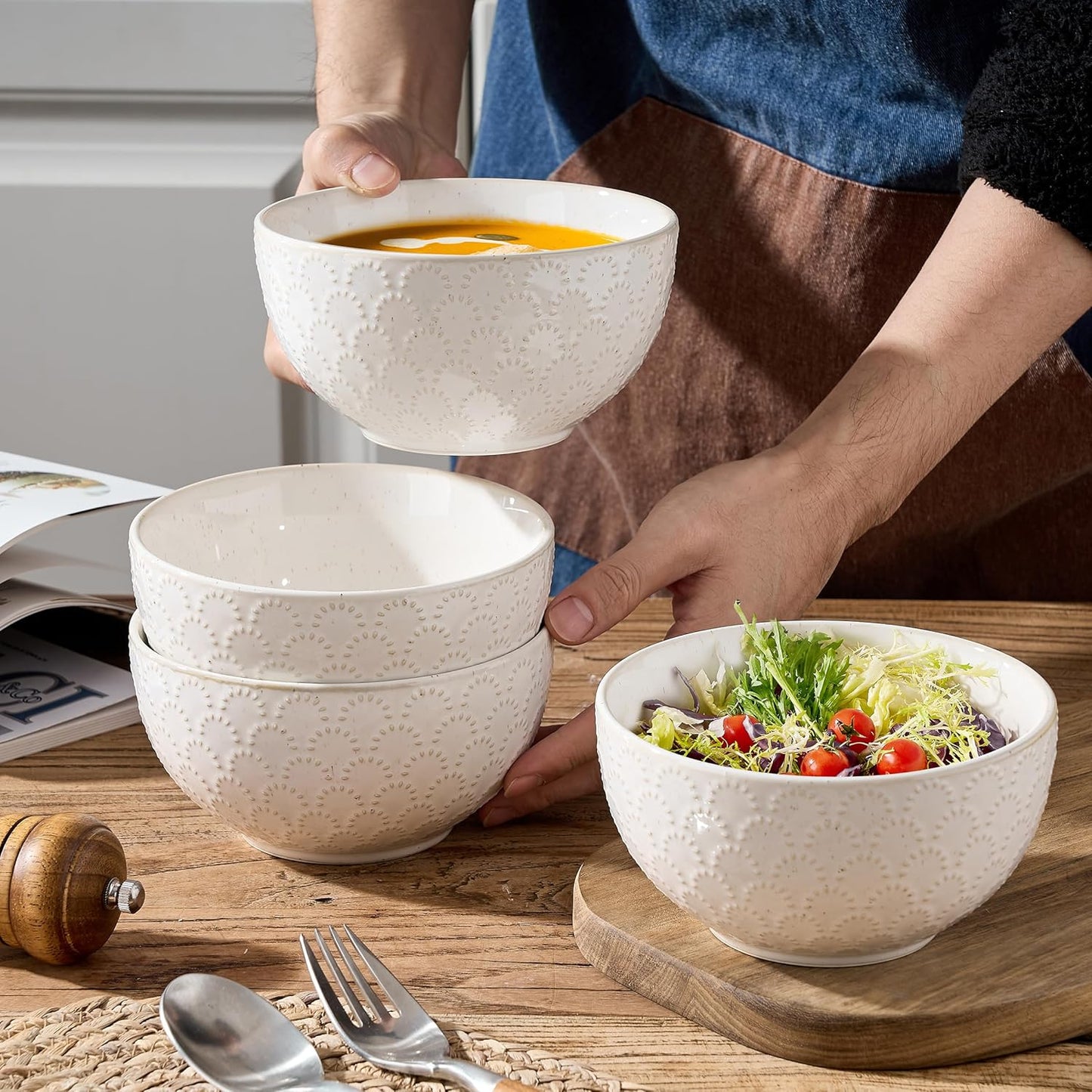 White Ceramic Bowls Set of 4, 25.3Fl Oz Pocerlain Soup Bowls 5.8" Cereal Bowls Rice Bowls for Kitchen, Serving Bowl Set for Entertaining, Dinner, Party - Housewarming Gift Idea