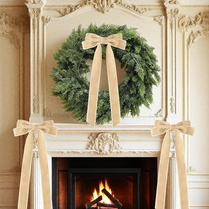 Senjie Velvet Large Christmas Bows for Staircase Garland Wreath, 20in x 8in Vintage Ribbon Bows with Twist Tie for Xmas Tree Holiday Indoor Outdoor Decorations (6Pcs, Khaki)