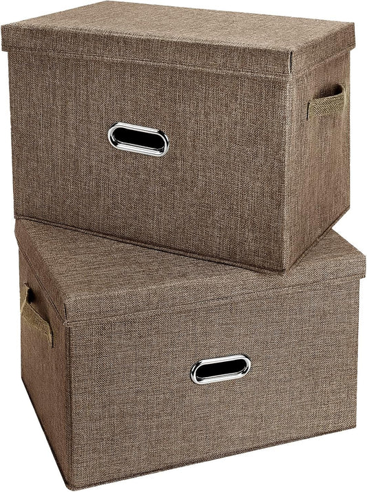 Large Linen Fabric Foldable Storage Bins with Removable Lid and Handles, Washable Storage Box Organizer Containers Baskets Cube with Cover for Bedroom,Closet,Office (Coffee, Medium(2-Pack))
