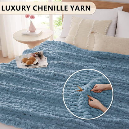 L'AGRATY Chunky Knit Blanket Throw: 72''x84'' Chenille Chunky Knitted Throw Blankets for Bed Couch - Handmade Thick Big Cable Knit Blanket - Large Crochet Rope Blankets for Home Decor(Airy Blue)