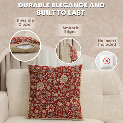 Charlotte Home Furnishings Throw Pillow Covers 16x16 in, Red Flowers Decorative Couch Pillow Cover, Boho Decor European Tapestry Cushion Cases, Living Room Cozy Home Decor, Jacquard Woven Soft Cotton
