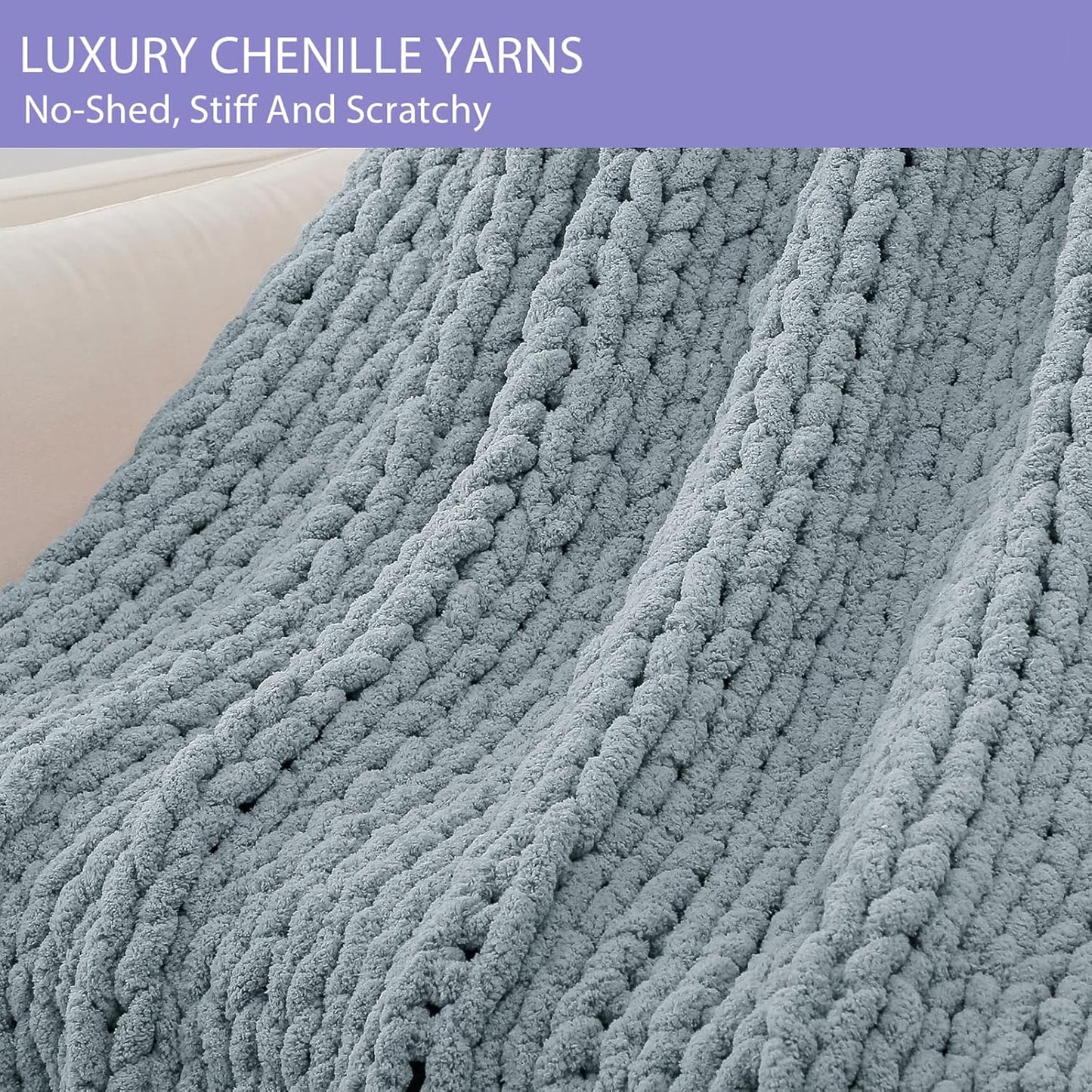 Bigacogo Chunky Knit Throw Blanket for Couch, 40x60 inches, 100% Hand Knitted with Thick Jumbo Chenille Yarn, Cozy Soft Large Rope Knot Cable Crochet Blankets for Sofa Bed Living Room, Dusty Blue