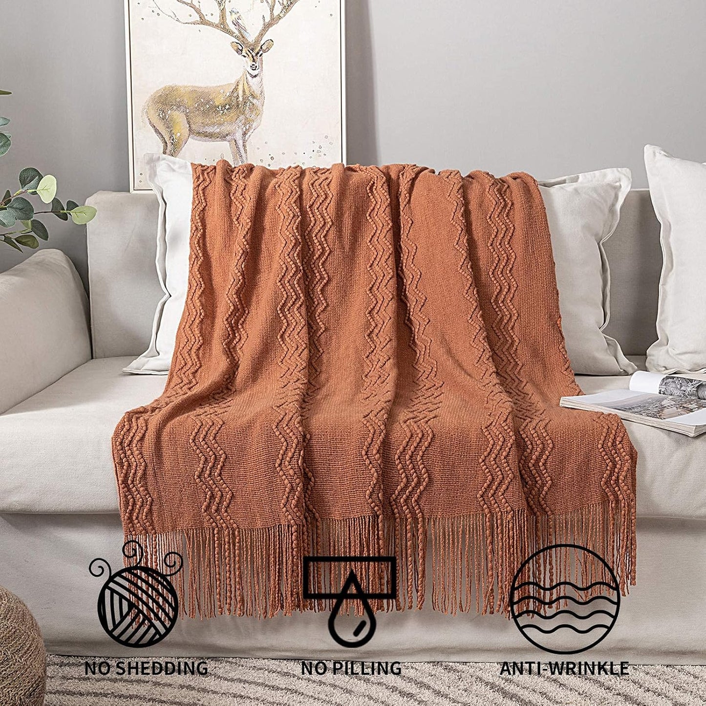 MIULEE Knitted Boho Throw Blanket for Couch Textured Knit Terracotta Rust Blanket with Tassels Cozy Woven Farmhouse Blanket for Sofa Bed Chair Wave Pattern Fall Decor 50"x60", Orange