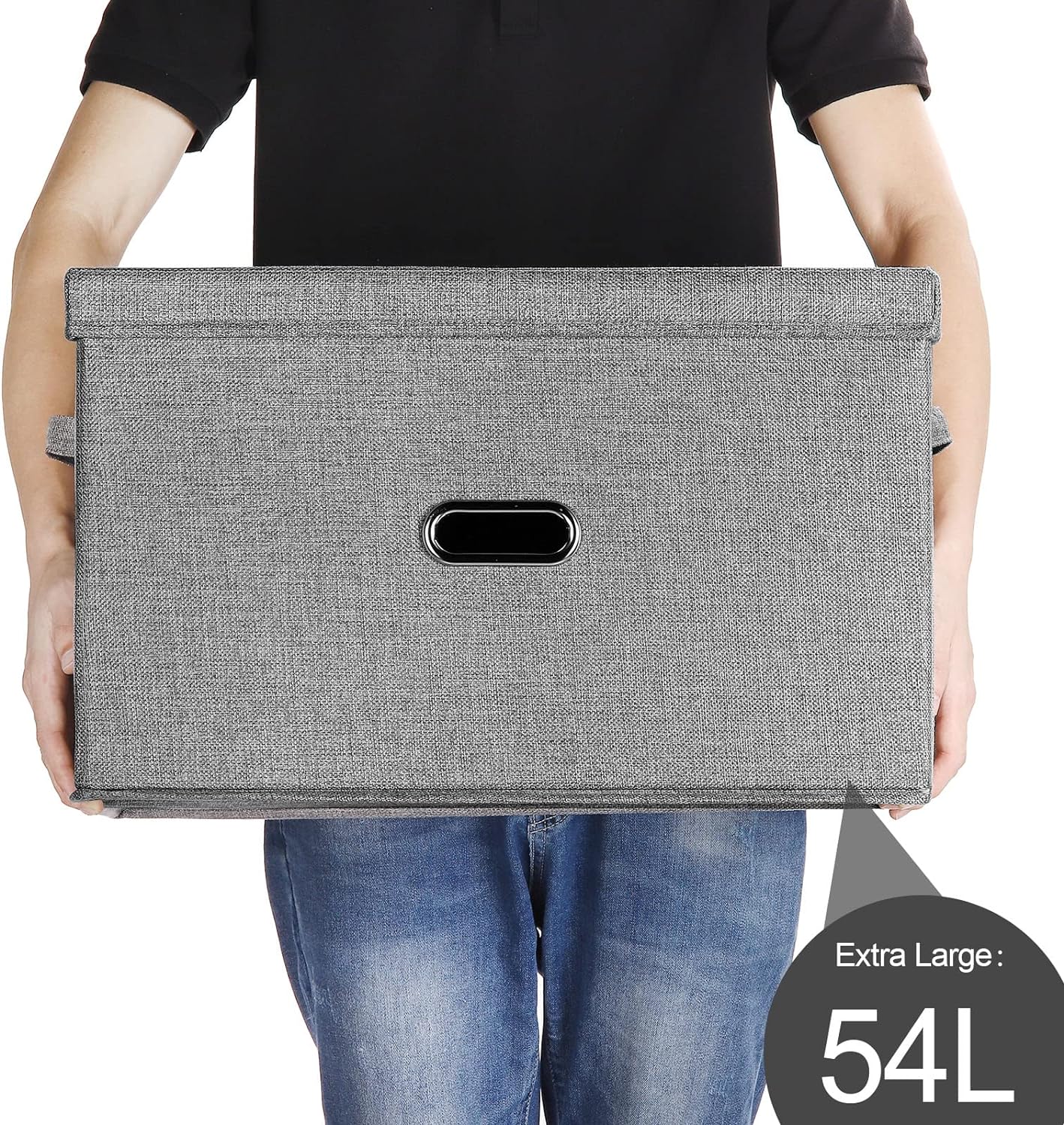 Large Linen Fabric Foldable Storage Bins with Removable Lid and Handles, Washable Storage Box Organizer Containers Baskets Cube with Cover for Bedroom,Closet,Office,Nursery (Grey, Extra Large)