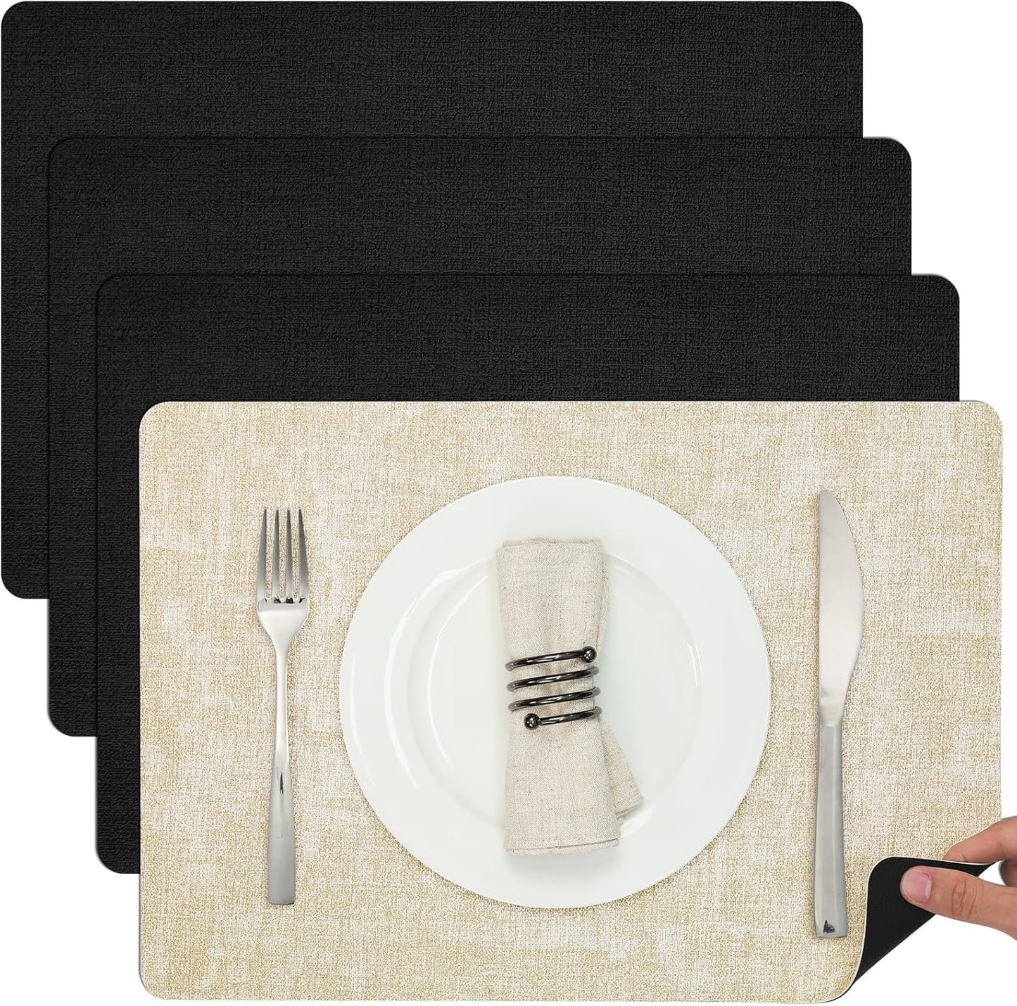 Myir JUN Dual Sided Placemats, Faux Leather Set of 4 for Dining Table Indoor Outdoor, Square Non-Slip Washable Table Mats (Cream-White Black)