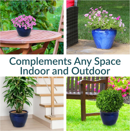 Sunnydaze Chalet Large Ceramic Plant Pot - Round Outdoor Glazed Ceramic Planter Pot with Drainage - Imperial Blue - 14.5"