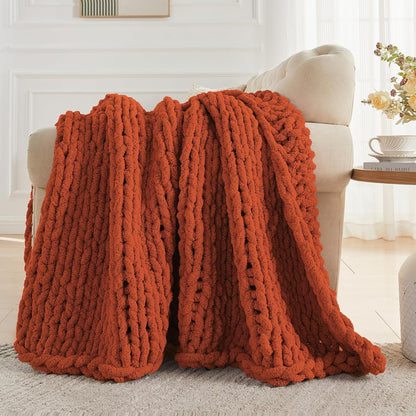 Carriediosa Chunky Knit Throw Blanket 50" X 60", 100% Hand Made Large Chenille Loop Yarn Soft Fluffy Throws for Couch Sofa Bed, Big Crochet Cozy Heavy Thick Cable Woven Blankets, Rust
