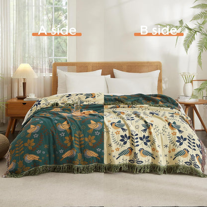 Boho Throw Blanket for Bed 60”x80”, 100% Cotton Woven Blanket for Couch Sofa, Ultra Soft 4-Layer Muslin Quilt with Bird Floral Printed, Farmhouse Bed Blanket/Cover for Living Room Decor