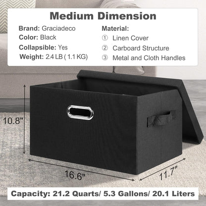 Medium 15" 21 Quart Collapsible Stackable Storage Bins with Lids, 5 Packs Black Foldable Fabric Closet Storage Boxes with Lids, Lidded Heavy-duty Linen Baskets(15x11x8)