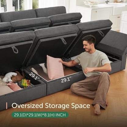 HONBAY Modular Sectional Sofa with Storage Corduroy U Shaped Sofa Modular Sectional Couches for Living Room,Dark Grey