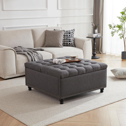 Tbfit Large Square Storage Ottoman Bench, Tufted Upholstered Coffee Table Ottoman with Lift Top & Wooden Legs, Oversized Storage Ottomans Toy Box for Living Room (Dark Grey)