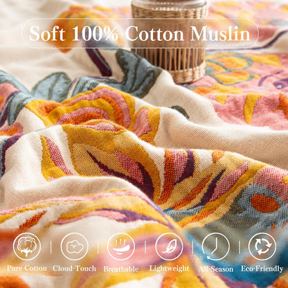 Boho Throw Blanket Twin Size, Soft Cozy Cotton Muslin Quilt Blanket for Bed Decor, Floral Patterned Couch Sofa Chair Cover, Vintage Farmhouse Cottage Tapestry Woven Blanket, Yellow&Blue