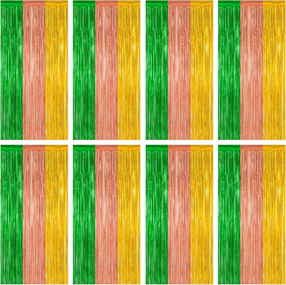 12 Pack Hawaiian Party Decorations, 3.28 FT x 7.05 FT Luau Party Decorations, Green Brown Yellow Backdrop Fringe Curtains Foil Streamer, Metallic Summer Decor Photo Booth Props