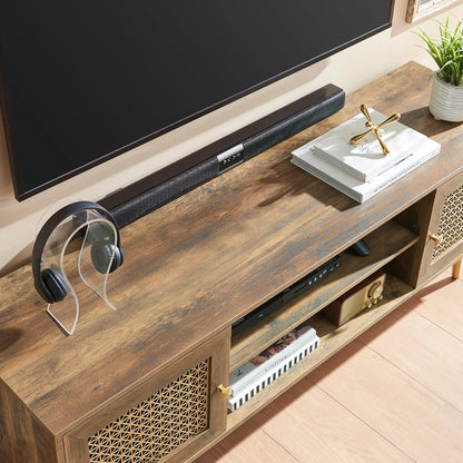 Mid Century Modern TV Stand with Metal Mesh Doors and Open Shelf for Tvs up to 65" Boho Media Console Entertainment Center with Cable Holes for Living Room Rustic Oak 59.06"x15.55"x20.87"