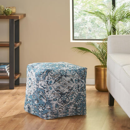 GDFStudio Boho Handmade Fabric Cube Pouf Ottoman Foot Stool - Bean Bag Floor Chair - Foot Rest Couch for Living Room Bedroom,Blue,16"" x 16"" x 16"", Conch,blue, 313832N