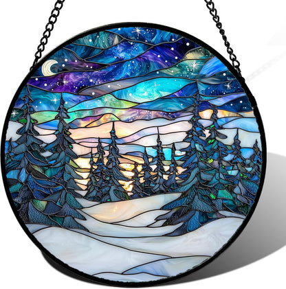 Stained Glass Window Hanging, Starry Sky Trees and Snow Sun Catchers Glass Panel Blue Suncatcher Decor for Birthday for Women, Men, Wife, Aunt, and Mom 14.9x14.9 in