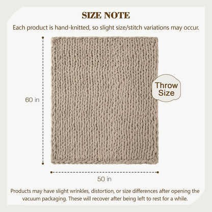 Carriediosa Chunky Knit Throw Blanket 50" X 60", 100% Hand Made Large Chenille Loop Yarn Soft Fluffy Throws for Couch Sofa Bed, Big Crochet Cozy Heavy Thick Cable Woven Blankets, Taupe