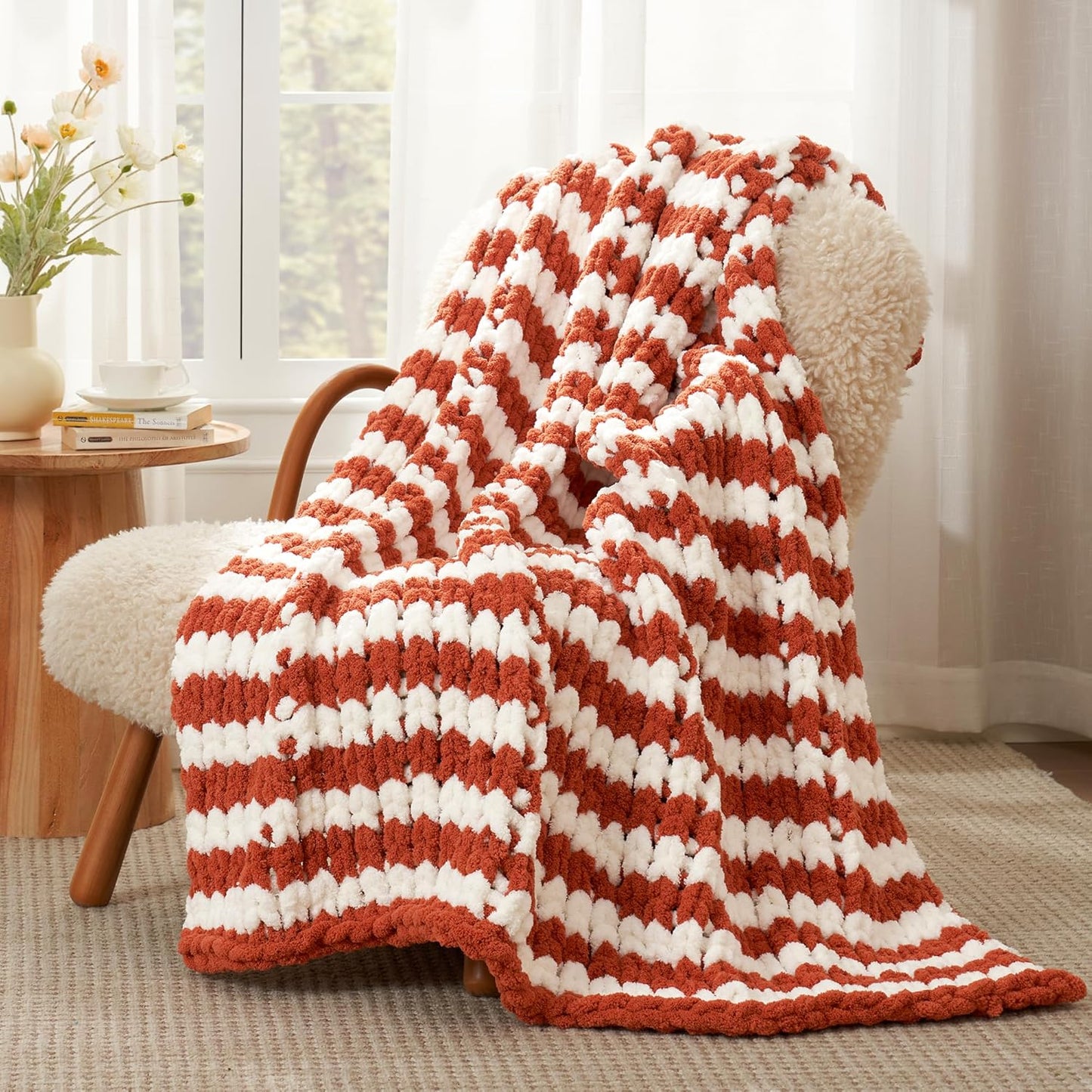 Amélie Home Chunky Knit Throw Blanket for Couch, Soft Chenille Crochet Blanket for Sofa, 50"x60", Burnt Orange & White Striped