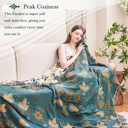 Boho Throw Blanket, 100% Cotton Ultra Soft Luxury Throw Rustic Quilt, 90"x98" Floral Printed Farmhouse Decor Bed Summer Blankets, All Season Rustic Reversible Bohemian Throw for Bed - Blue