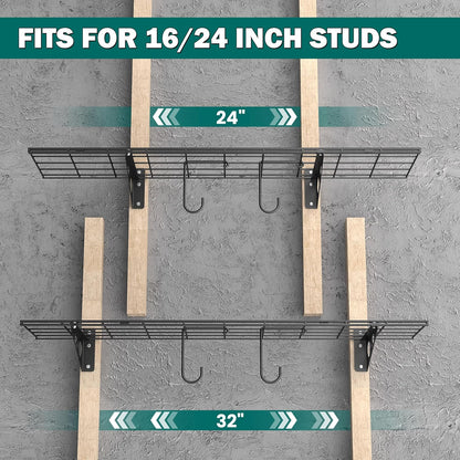 EVERHANGER Garage Wall Shelves, 12 X 48 Inch Wall Mounted Storage Shelves, Heavy Duty Metal Shelving with Hooks, 2 Pack, Black