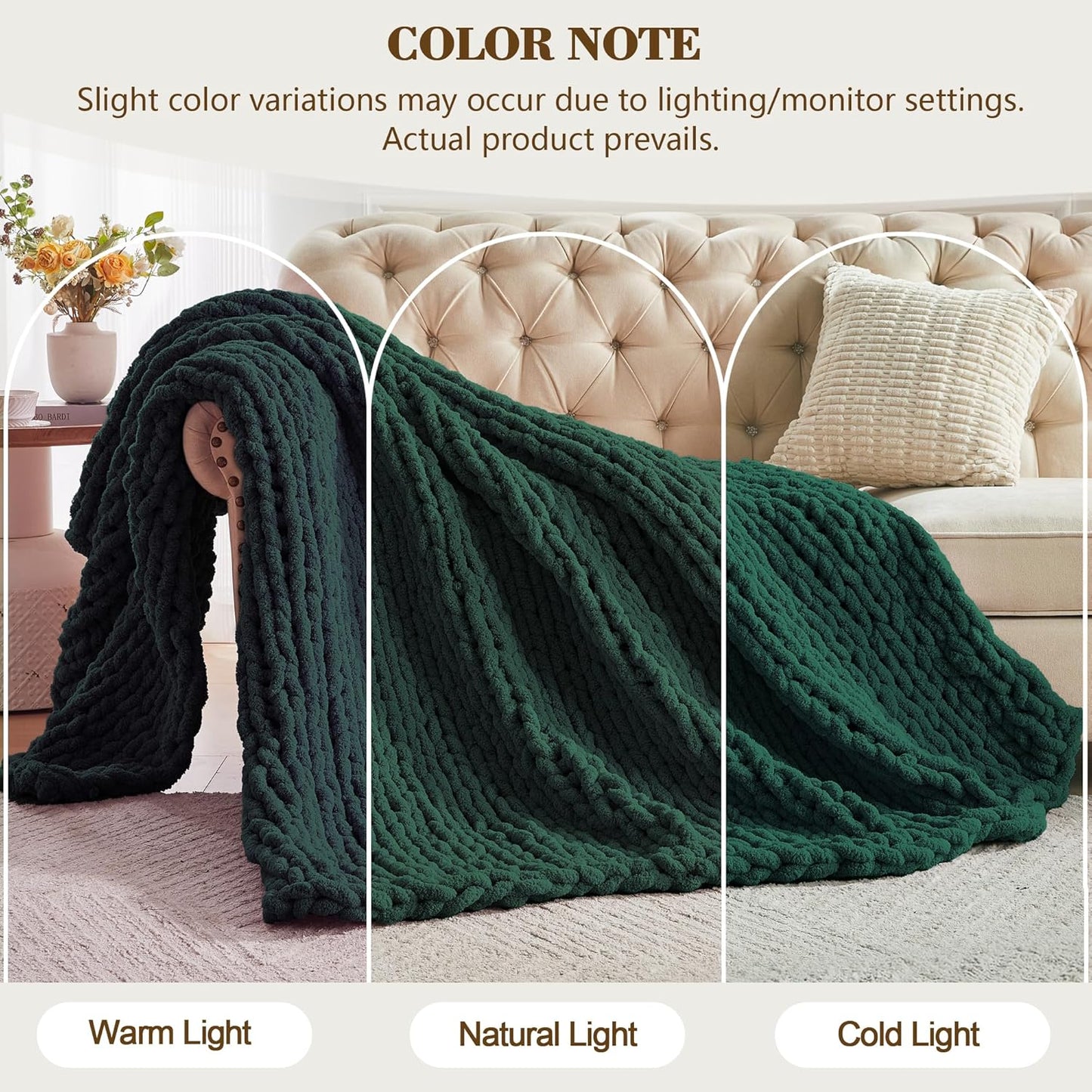 Carriediosa Chunky Knit Throw Blanket 60" X 80" Twin, 100% Hand Made Large Chenille Loop Yarn Soft Fluffy Throws for Couch Sofa Bed, Big Crochet Cozy Heavy Thick Cable Woven Blankets, Dark Green