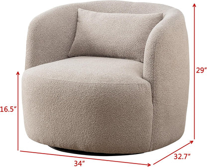 KINWELL 34" Wide Boucle Swivel Barrel Chair, No Assembly Round Upholstered Armchair Accent Chair Single Sofa Chair with Toss Pillow for Living Room and Bedroom, Taupe