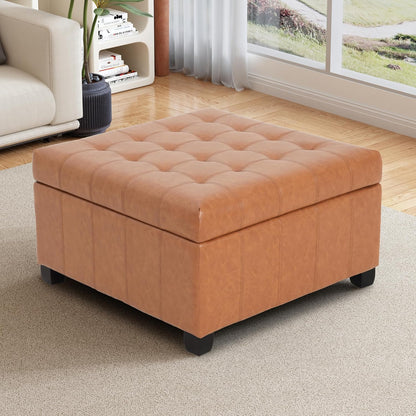 Christopher Knight Home Mervy PU Storage Ottoman with Button and Stitching, Faux Leather Indoor Upholstered Ottoman for Living Room Bedroom Home Office, Square Flip Top Foot Rest Bench, Light Brown