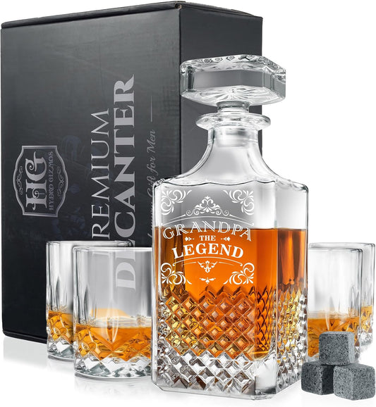 Luxury Gift For Men - Grandpa The Legend - Unique Engraved Whiskey Decanter Set For Beloved Grand