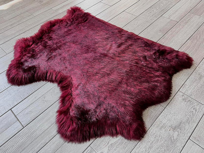 LAMBZY Faux Sheepskin Super Soft Hypoallergenic Free Shape Silky Shag Rug, Luxury Shaggy Plush Carpet for Bedrooms Living Kids Room Sofa Rugs (Burgundy, Double Side by Side 3'x4')