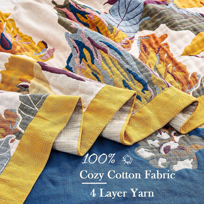 Boho Throw Blanket, 100% Cotton Ultra Soft Luxury Throw Rustic Quilt, 50"x60" Floral Bird Butterfly Farmhouse Decor Bed Blankets, All Season Rustic Reversible Bohemian Throw for Bed - Yellow