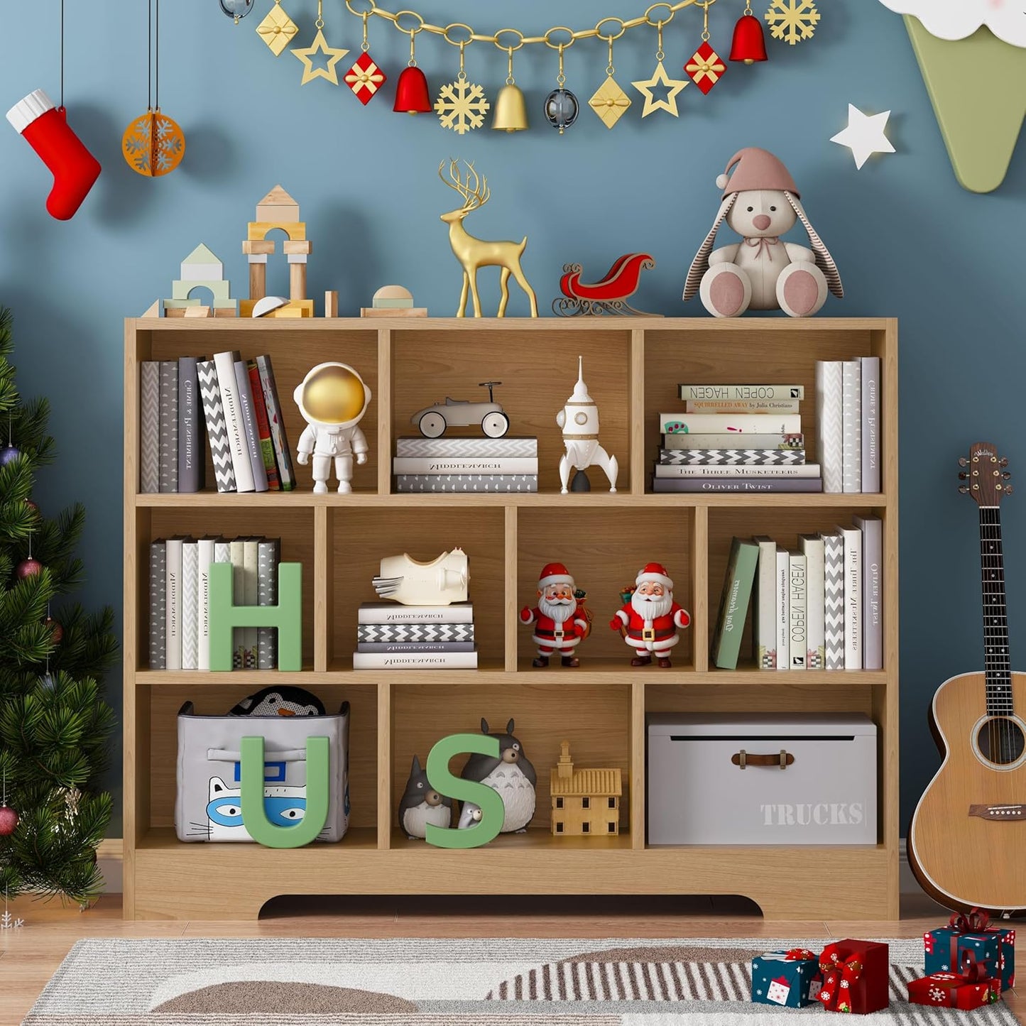 Book Shelf, 10 Cubes Storage Organizer, 3-Tier Open Shelf Wooden Bookcase, Freestanding Wooden Bookshelf Cube Shelf for Bedroom, Living Room