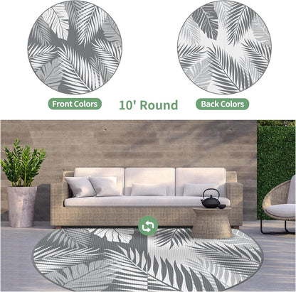 GENIMO Outdoor Rug 10' Round Waterproof for Patios Clearance, Reversible Outdoor Plastic Straw Camping Rug Carpet, Large Area Rugs Mats for RV, Camper, Deck, Balcony, Porch, Beach, Picnic, Grey&White