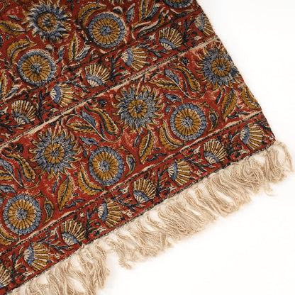 Handmade Cotton Throw Blanket | Floral Block Print in Orange & Navy | 48x70 Inches Fringed Bed Runner | Lightweight Boho Sofa Throw for Couch, Living Room & Bedroom Decor