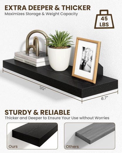 Marsmiles 30" Floating Shelves for Wall, Wooden Shelves with Invisible Brackets Set of 2, Rustic Farmhouse Wall Mounted Shelf for Kitchen Bathroom Living Room Study, Black