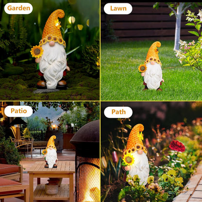 Garden Gnomes Outdoor - Sunflower Gnome Statue with Solar LED Lights for Yard, Patio, Lawn Ornaments - Best Garden Gifts for Mothers Day, Housewarming, Festival