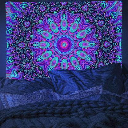 PSYHILAR Blacklight Mandala Tapestry for Bedroom, Psychedelic Black Light Posters for Adults and Teens, Neon UV Reactive Aesthetic Bohemian Art Wall Hanging Decor (90 x 70 Inches)