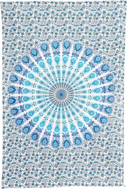Bless International Handmade Indian hippie Bohemian Psychedelic Peacock Mandala Wall hanging College Dorm Beach Throws Table Cloth Bedding Tapestry (Peacock Sky Blue, Twin(54x72Inches)(140x185cms))