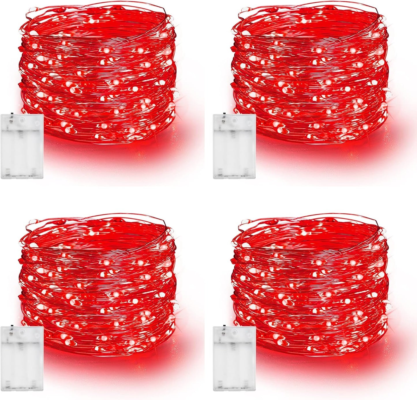 Dazzle Bright Fairy Lights Battery Operated, 4 Pack Total 80FT 240LED Silver Wire Waterproof Battery Operated String Lights, Christmas Decorations for Indoor Outdoor Bedroom Yard Decor, Red